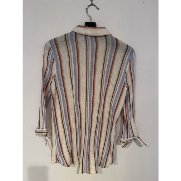 Soft Surroundings White Blue Striped Button Up Shirt Size Medium - Picture 2 of 10